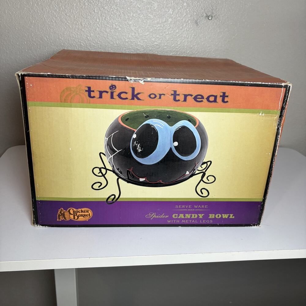 Cracker Barrel Halloween Spider Trick Or Treat Ceramic Candy Bowl Metal Leg Base